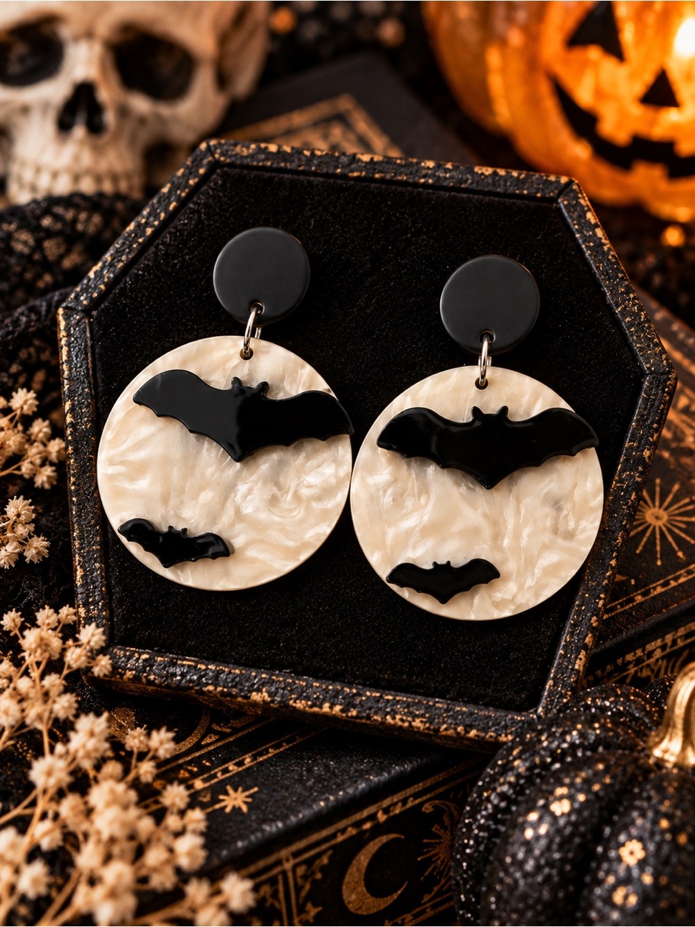 Black Bat & Moon Marbled Statement Acrylic Stud Earrings - Spooky Halloween New - Picture 3 of 3